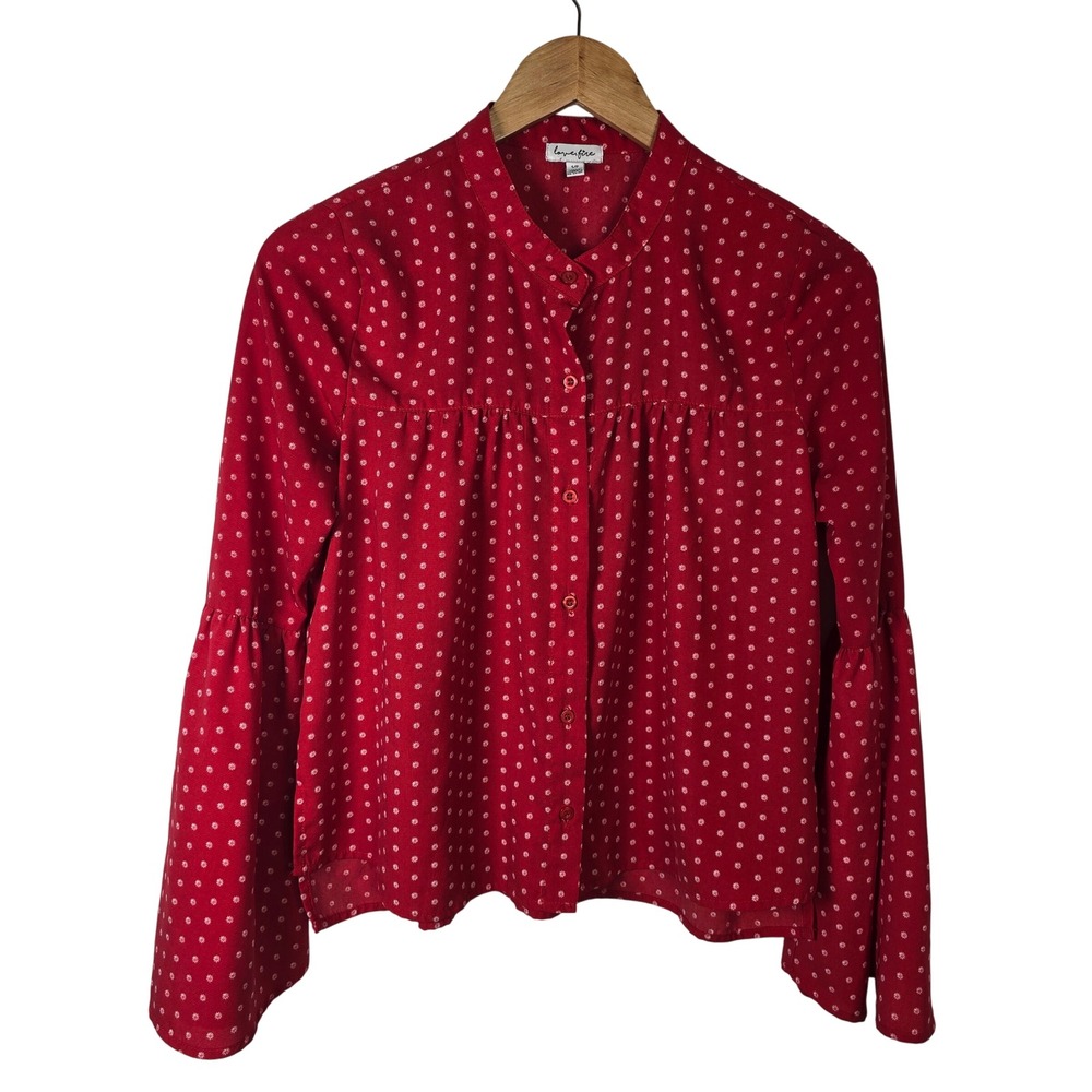 Lovefire Red Polka Dot Floral Blouse Small Bell Sleeve‎ Button Front Top Shirt